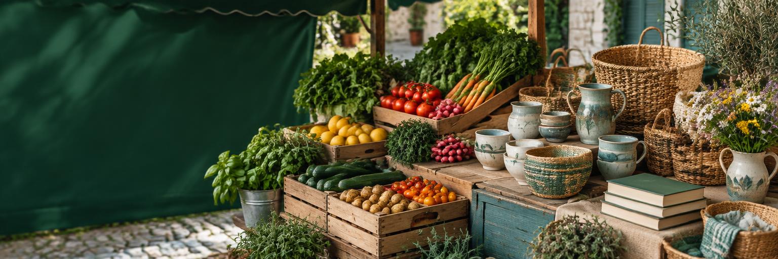 Marktstand mit Obst, Gemüse, Büchern und Keramik