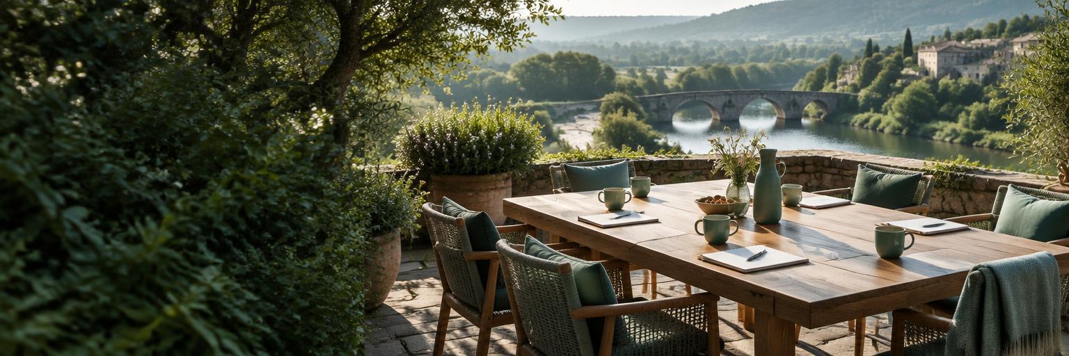 Gemeinsamer Tisch auf einer Terrasse mit Blick auf eine Brücke