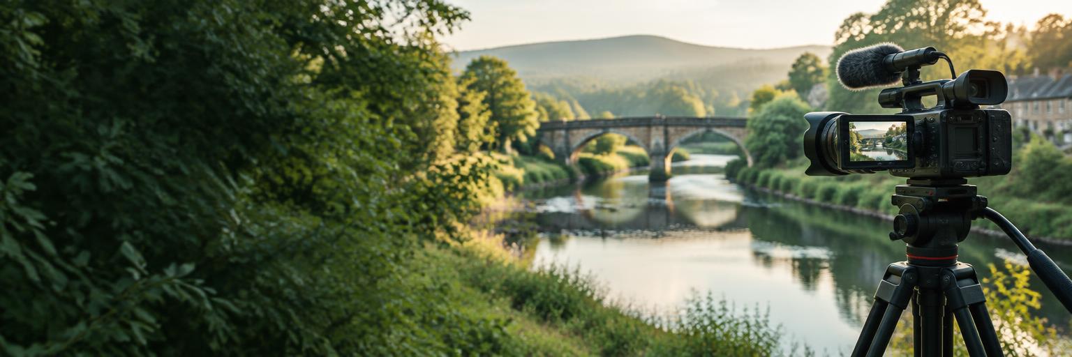 Videokamera vor einer Brücke in einer Flusslandschaft